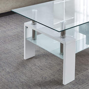 Close-up of the Glass Coffee Table CT-A08 showcasing its elegant dual-tier design with tempered glass and chic MDF legs.
