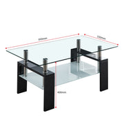 Glass Coffee Table CT-A08 with dual-tier design, tempered glass top, and stylish MDF legs, dimensions 950mm x 550mm x 400mm.