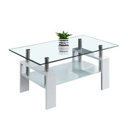 Glass Coffee Table CT-A08 with dual-tier tempered glass and stylish MDF legs, perfect for modern living spaces.
