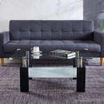 Stylish Glass Coffee Table CT-A08 with dual-tier design, placed in a modern living room setting with a gray sofa.