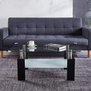 Stylish Glass Coffee Table CT-A08 with dual-tier design, placed in a modern living room setting with a gray sofa.
