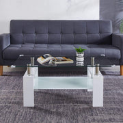 Glass Coffee Table CT-A08 with dual-tier design, tempered glass top, and modern white MDF legs in a contemporary living room.