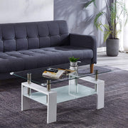 Glass Coffee Table CT-A08 featuring a dual-tier design and modern aesthetic in a stylish living room setting.
