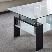 Close-up of the Glass Coffee Table CT-A08 featuring a dual-tier design with tempered glass and stylish MDF legs.