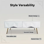 White and gold coffee table featuring modern geometric design and ample storage with four drawers.
