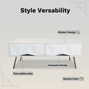 White and gold coffee table featuring modern geometric design and ample storage with four drawers.