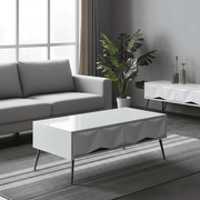 White and gold coffee table CT-A19 in modern living room with sofa and plants.