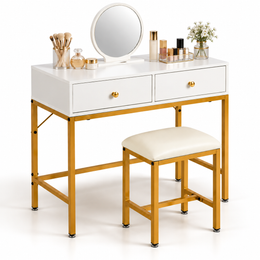 White dressing table with round mirror, two drawers and matching gold-frame stool