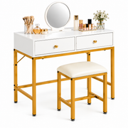 White dressing table with round mirror, two drawers and matching gold-frame stool