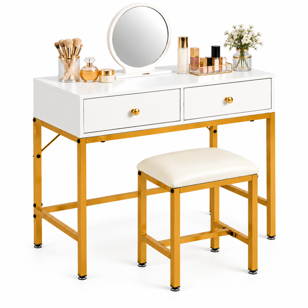White dressing table with round mirror, two drawers and matching gold-frame stool