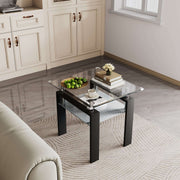 Modern Glass Coffee Table CT-A08 in living room with fruit and decor on dual-tier glass surface.