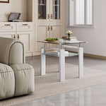 Modern Glass Coffee Table CT-A08 in a stylish living room with beige sofa and elegant decor.