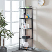Black corner shelf with various items in a room with a clock on the wall. | Artisansa SA