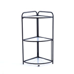 Black metal corner shelf with glass shelves on a white background | Artisansa SA
