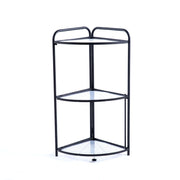 Black metal corner shelf with glass shelves on a white background | Artisansa SA