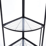 Black metal corner shelf with wire mesh shelves on a white background | Artisansa SA