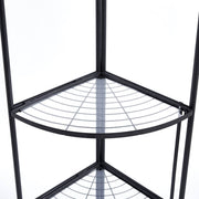Black metal corner shelf with wire mesh shelves on a white background | Artisansa SA