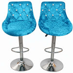 Set of 2 Velvet Bar Chairs in turquoise with diamond tufting and chrome legs.