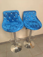 Velvet Blue Bar Chairs set of 2 with diamond tufted design and chrome bases