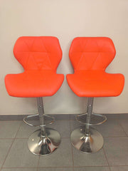 Retro Style Bar Chairs set of 2 in vibrant orange leather with chrome bases, ideal for modern kitchens or entertainment areas.