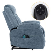 Electric Power Lift Recliner with remote control in blue fabric, showcasing smooth reclining functionality.