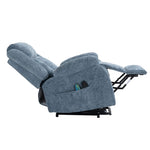 Electric Power Lift Recliner showcasing reclining position and remote controls in a stylish grey fabric.