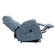 Electric Power Lift Recliner showcasing reclining position and remote controls in a stylish grey fabric.