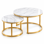 2-piece round nesting coffee table set with white marble-look tops and gold frames
