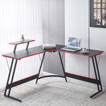 L-Shaped Desk with Monitor Shelf OD-59 set up in a modern workspace with laptop and decorative plant.