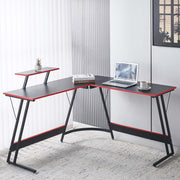 L-Shaped Desk with Monitor Shelf OD-59 set up in a modern workspace with laptop and decorative plant.