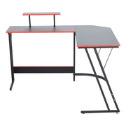 L-Shaped Desk with Monitor Shelf OD-59 featuring a modern design and sleek black and red color scheme.
