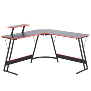 L-Shaped Desk with Monitor Shelf featuring a sleek black design and red accents, perfect for work and gaming setups.