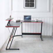 L-Shaped Desk with Monitor Shelf OD-59 in modern workspace with laptop and decorative plant.
