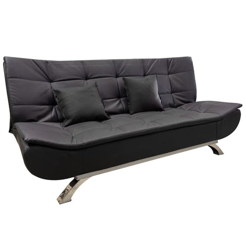PU leather sleeper couch bed with two pillows and a modern design on a sleek metal frame.