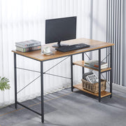 Modern teak computer desk SD-S03 with spacious work surface and side storage shelves in a bright workspace.