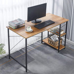 modern teak computer desk SD-S03 with spacious wood surface and side storage shelving for an organized workspace.
