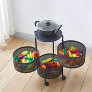 Black round storage trolley with rotating mesh baskets for home use