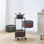 White rotating round storage trolley for pantry organization