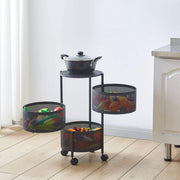 White rotating round storage trolley for pantry organization