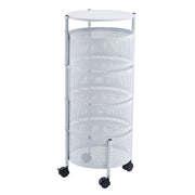 Deep mesh basket detail of the white round storage trolley