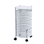 Tall white round storage trolley with rotating mesh tiers
