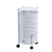 Tall white round storage trolley with rotating mesh tiers