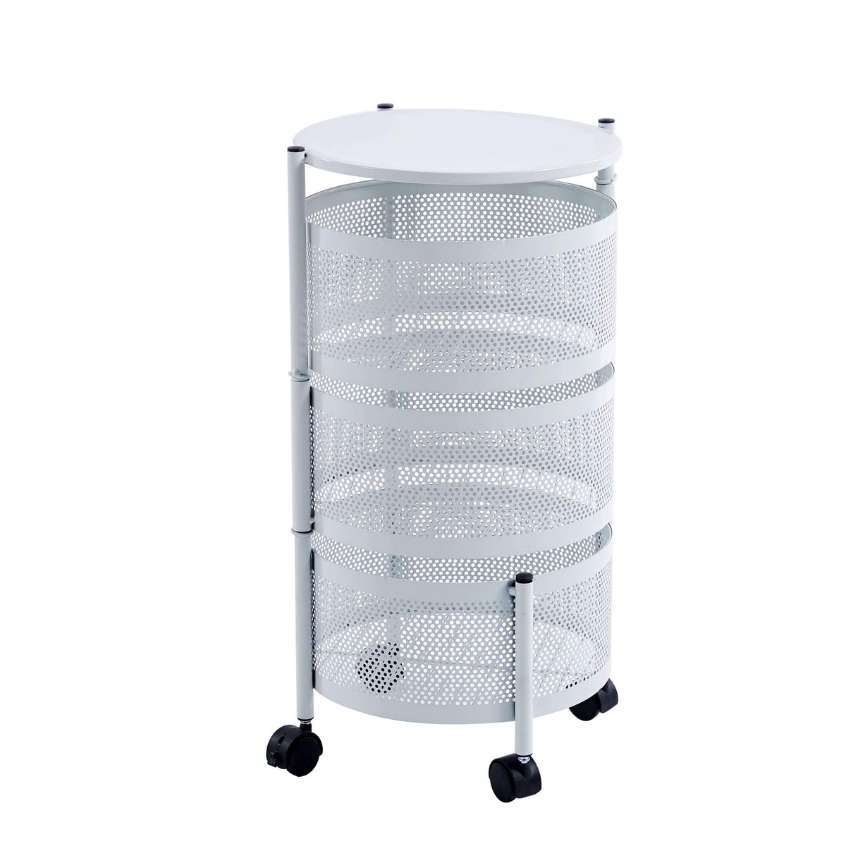 Tall white round storage trolley with rotating mesh tiers