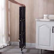 3-Tier Storage Cart folded for easy storage next to a kitchen cabinet, showcasing its space-saving design.