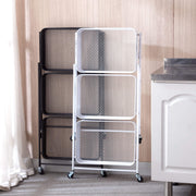 3-Tier Storage Cart with mesh baskets and lockable wheels in black and white, ideal for space-saving storage solutions.