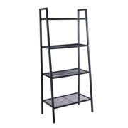 4-tier ladder shelf in a sleek black metal design, featuring four mesh shelves for storage and display.