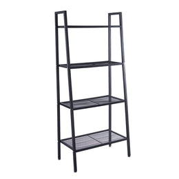 4-tier ladder shelf in a sleek black metal design, featuring four mesh shelves for storage and display.