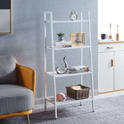 4-tier ladder shelf in a modern living room with decorative items and a comfortable sofa.