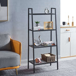 4-tier ladder shelf displayed in a modern living room setting, showcasing sturdy metal construction and decorative items.