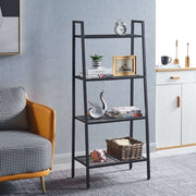 4-tier ladder shelf displayed in a modern living room setting, showcasing sturdy metal construction and decorative items.